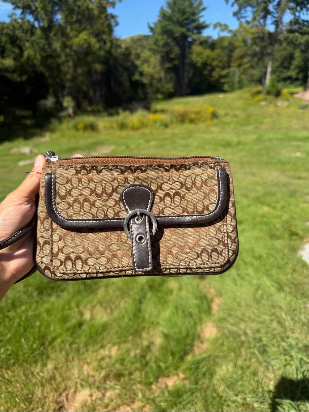 Coach Brown Signature Canvas Wristlet with Dark Brown Leather Trim